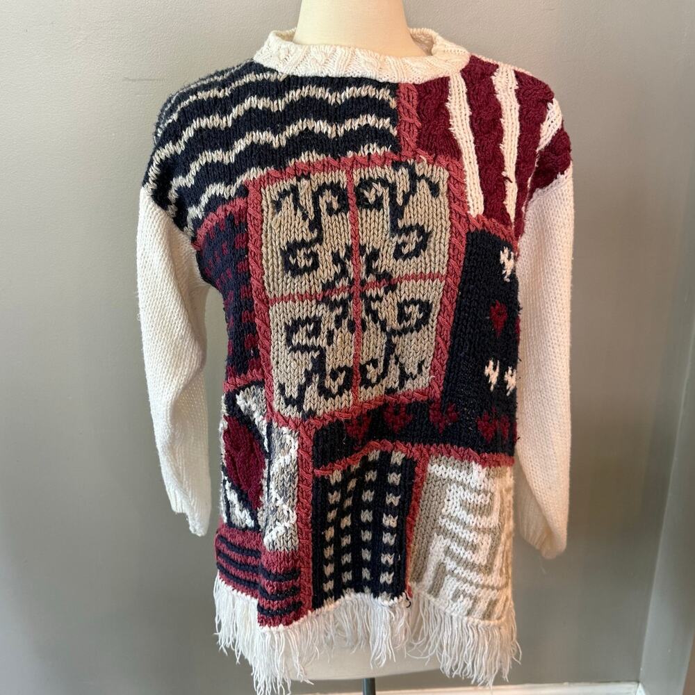 Vintage Shenanigans Hand Knit Patchwork Sweater Fringe Hem Sz Lrg Grandma Core‎